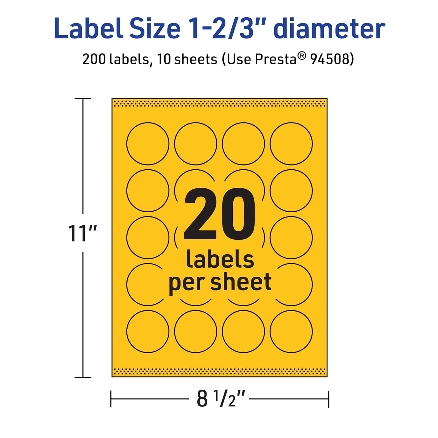 Avery Printable Round Labels, Sure Feed Technology, 1-2/3" Diameter, Bright Yellow Labels, Print-to-The-Edge