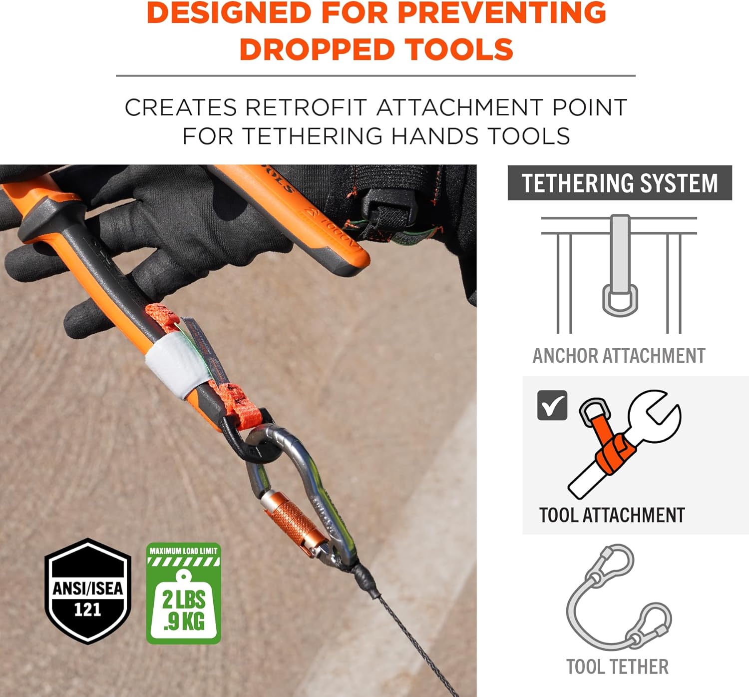 Ergodyne Squids 3707 Tool Tethering Attachment for Hand Tools, Non Conductive D-Ring, 2lbs Weight Rating, 6-Pack