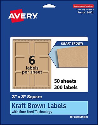 Avery Kraft Brown Square Labels, Sure Feed Technology, 3" x 3", Print-to-The-Edge, Laser/Inkjet Printable