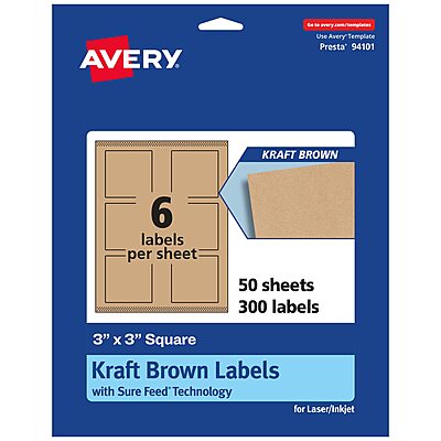 Avery Kraft Brown Square Labels, Sure Feed Technology, 3" x 3", Print-to-The-Edge, Laser/Inkjet Printable