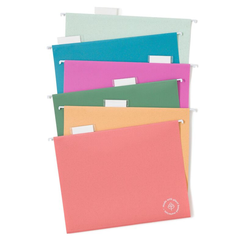 U Brands U-Eco Poly Hanging File Folders, Set of 12, Assorted Brights, White Metal Hanging Rods, Letter Size (6596U01-12)