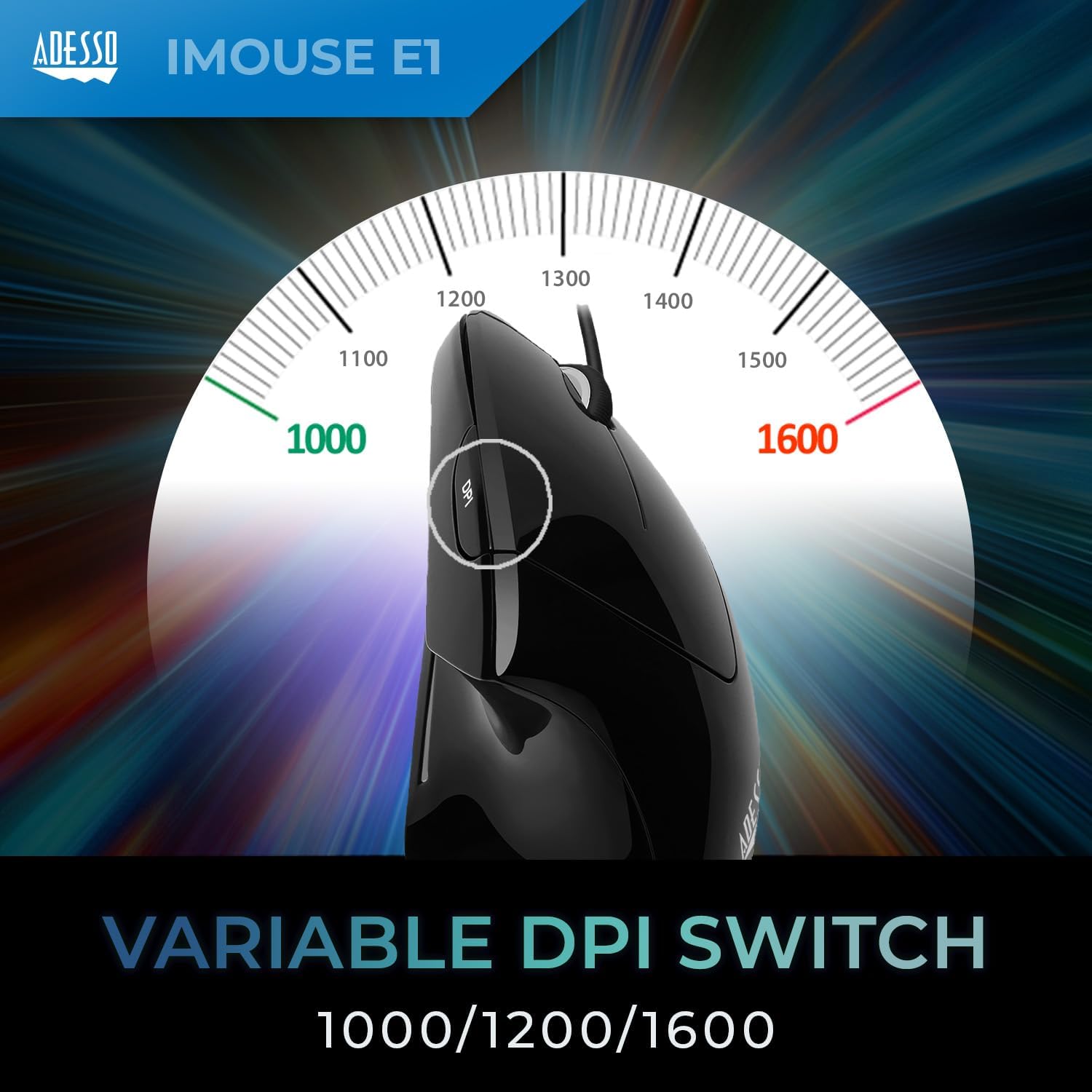 Adesso iMouse E1 Wired Vertical Ergonomic Illuminated Optical 6-Button USB Mouse - Glossy Black, Right-Handed