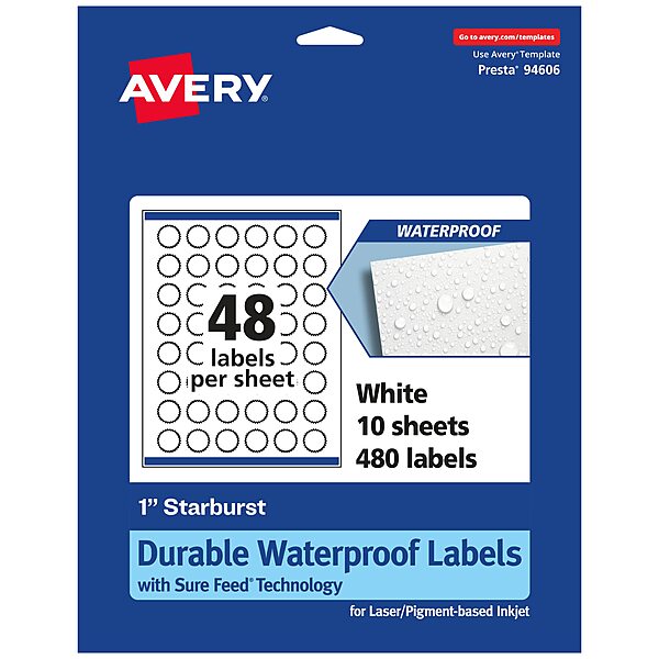 Avery Durable Waterproof Starburst Labels, Sure Feed Technology, 1"
