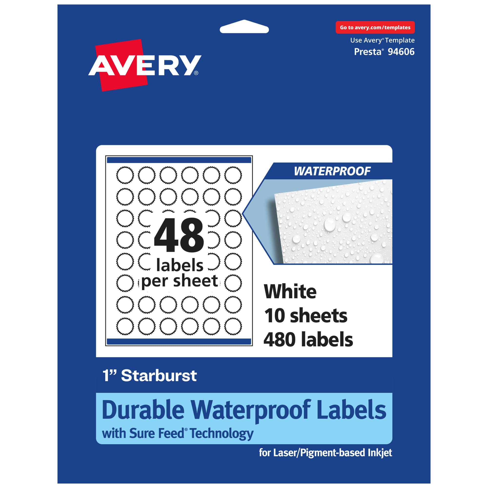 Avery Durable Waterproof Starburst Labels, Sure Feed Technology, 1"