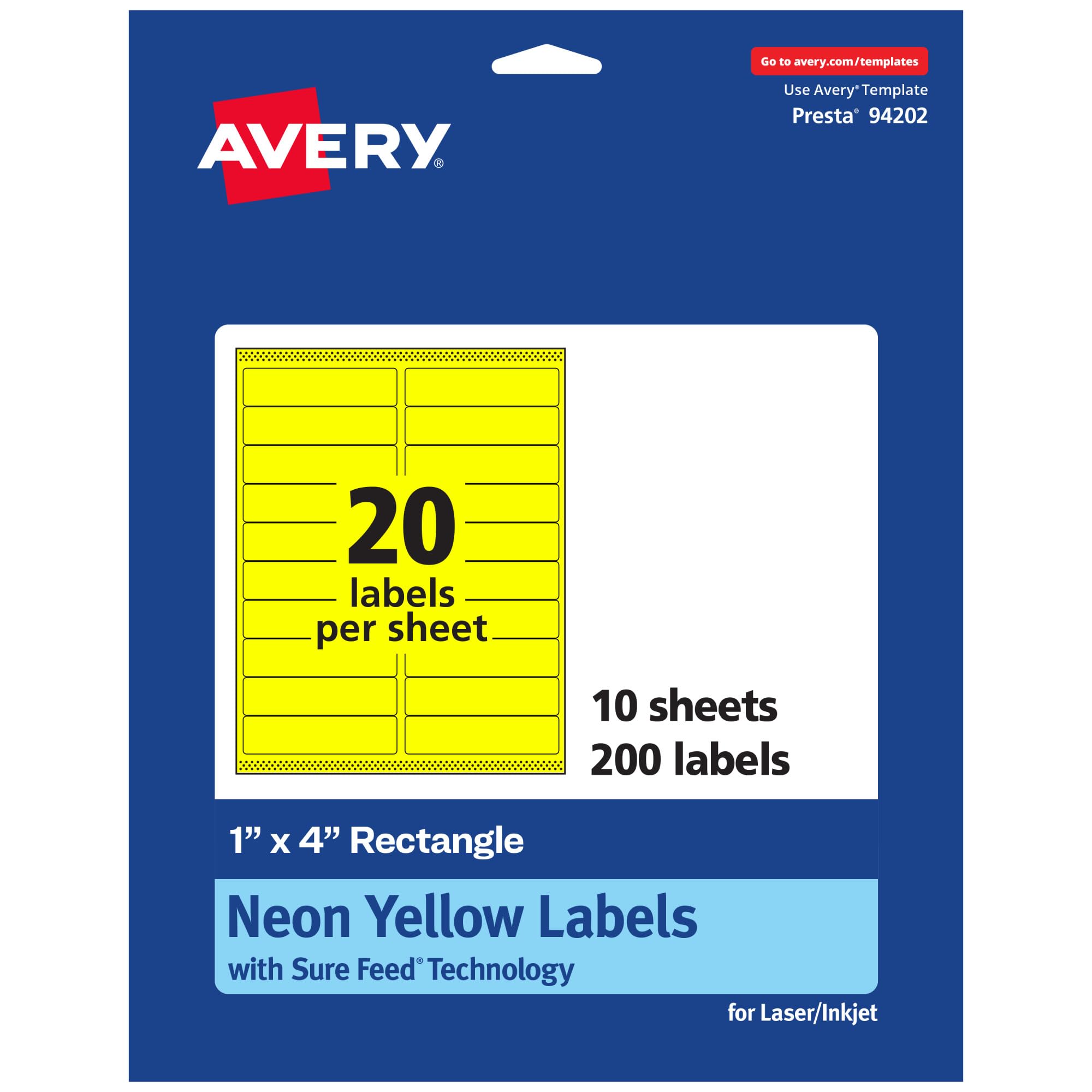Avery Printable Rectangle Labels, Sure Feed Technology, 1" x 4", Neon Yellow, Laser/Inkjet Printable