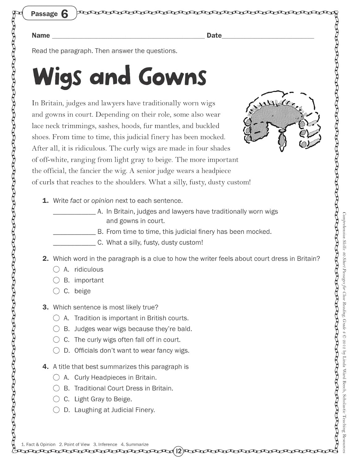 Scholastic Comprehension Skills: 40 Short Passages For Close Reading, Grade 4