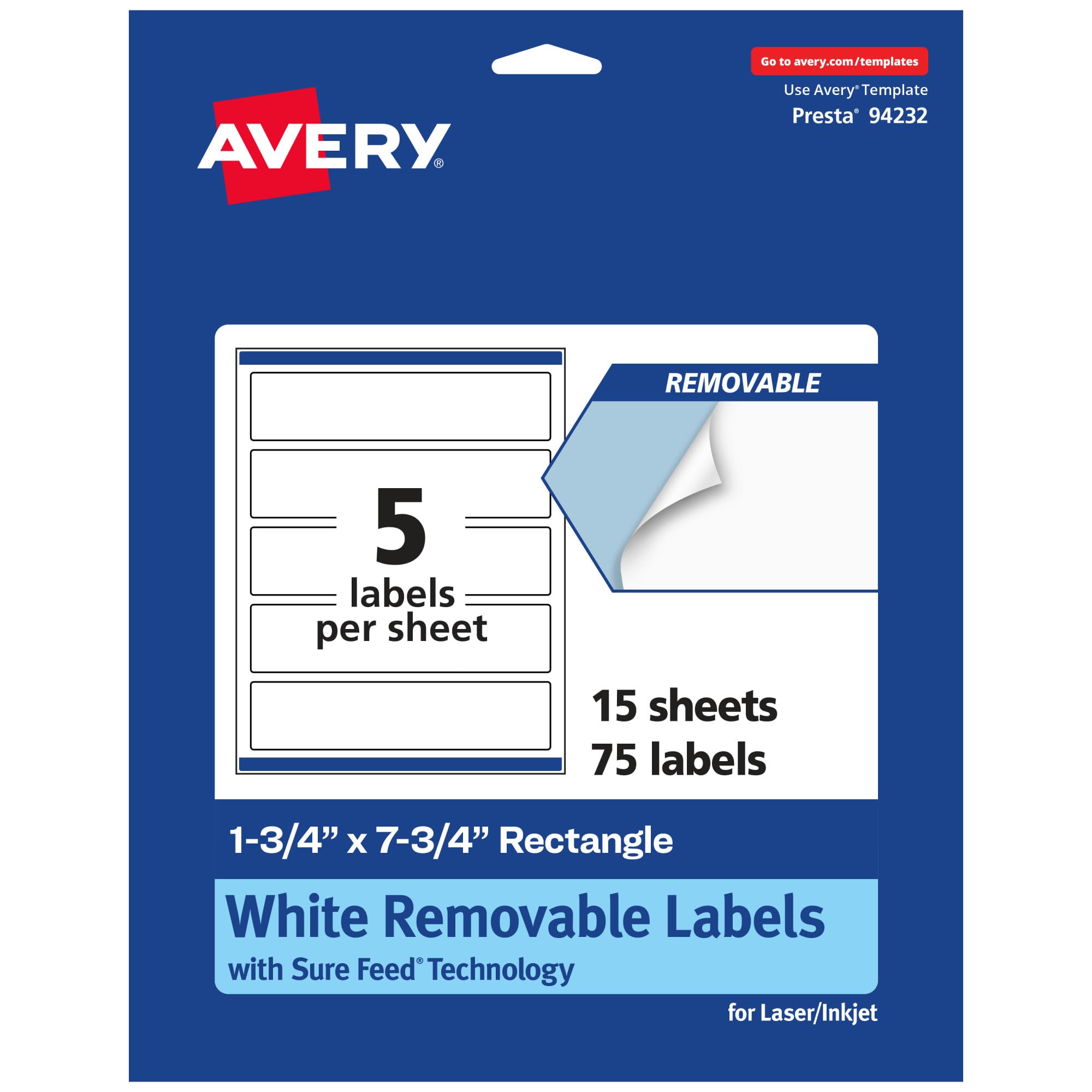 Avery Matte White Removable Rectangle Labels, Sure Feed Technology, Print-to-The-Edge, 1.75" x 7.75"