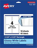 Avery Glossy White Rectangle Labels, Sure Feed Technology, 4.75" x 3.5", 40 Labels, Print-to-The-Edge, Laser/Inkjet Printable