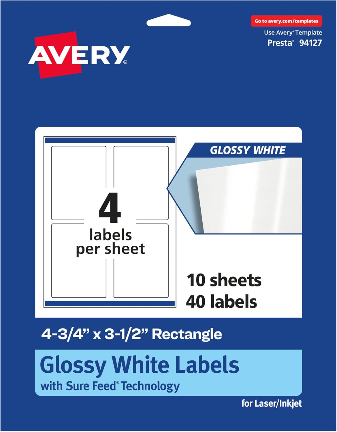 Avery Glossy White Rectangle Labels, Sure Feed Technology, 4.75" x 3.5", 40 Labels, Print-to-The-Edge, Laser/Inkjet Printable