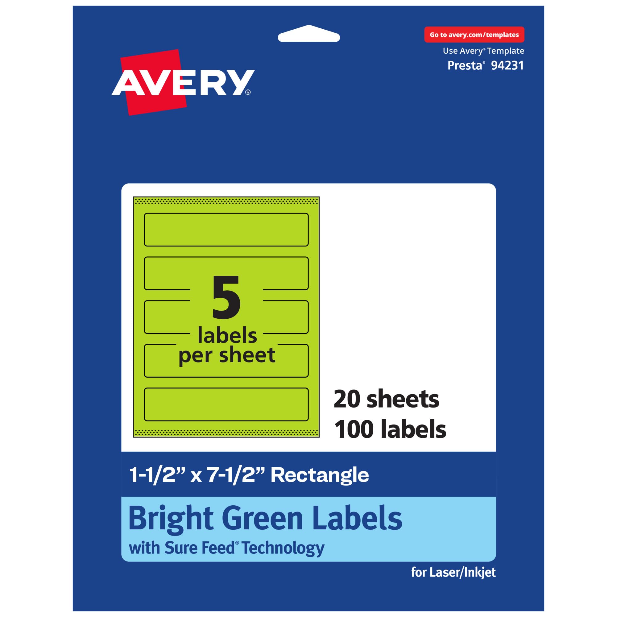 Avery Printable Rectangle Labels, Sure Feed Technology, 1.5 x 7.5, Bright Green, Print-to-The-Edge, Laser/Inkjet