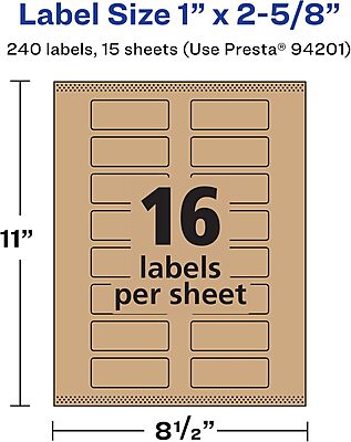 Avery Kraft Brown Rectangle Labels, Sure Feed Technology, 1" x 2-5/8", Print-to-the-Edge, Laser/Inkjet Printable