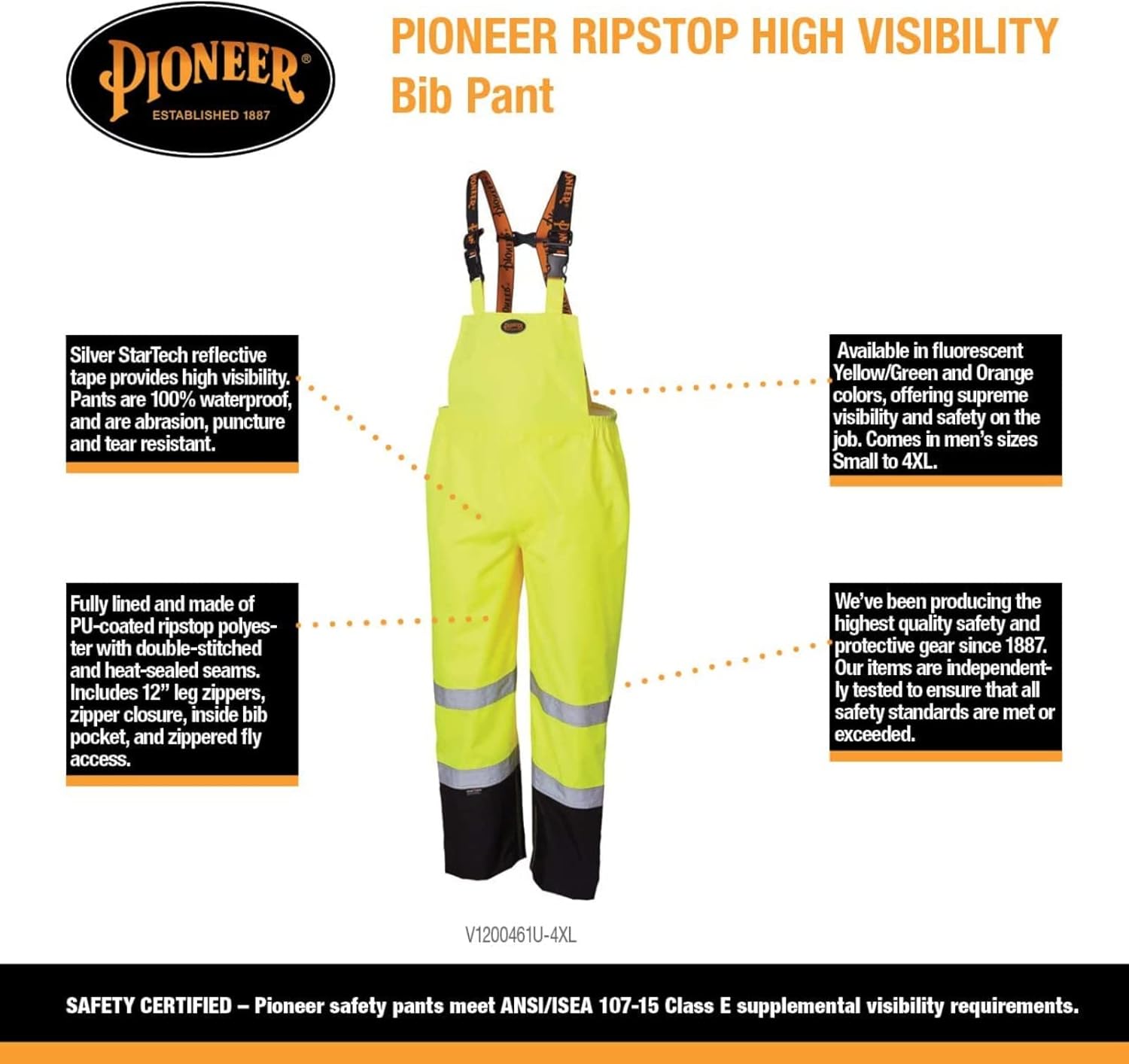 Pioneer Hi Vis Ripstop Waterproof Bib Pants/Overalls for Men - Reflective Safety Work Rain Pants