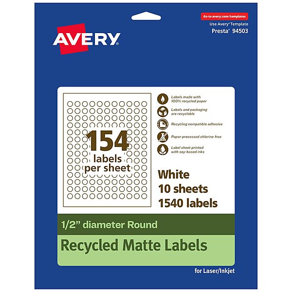 AVERY EcoFriendly Matte White Recycled Round Labels, 0.5" Diameter, Print-to-The-Edge, Permanent Adhesive