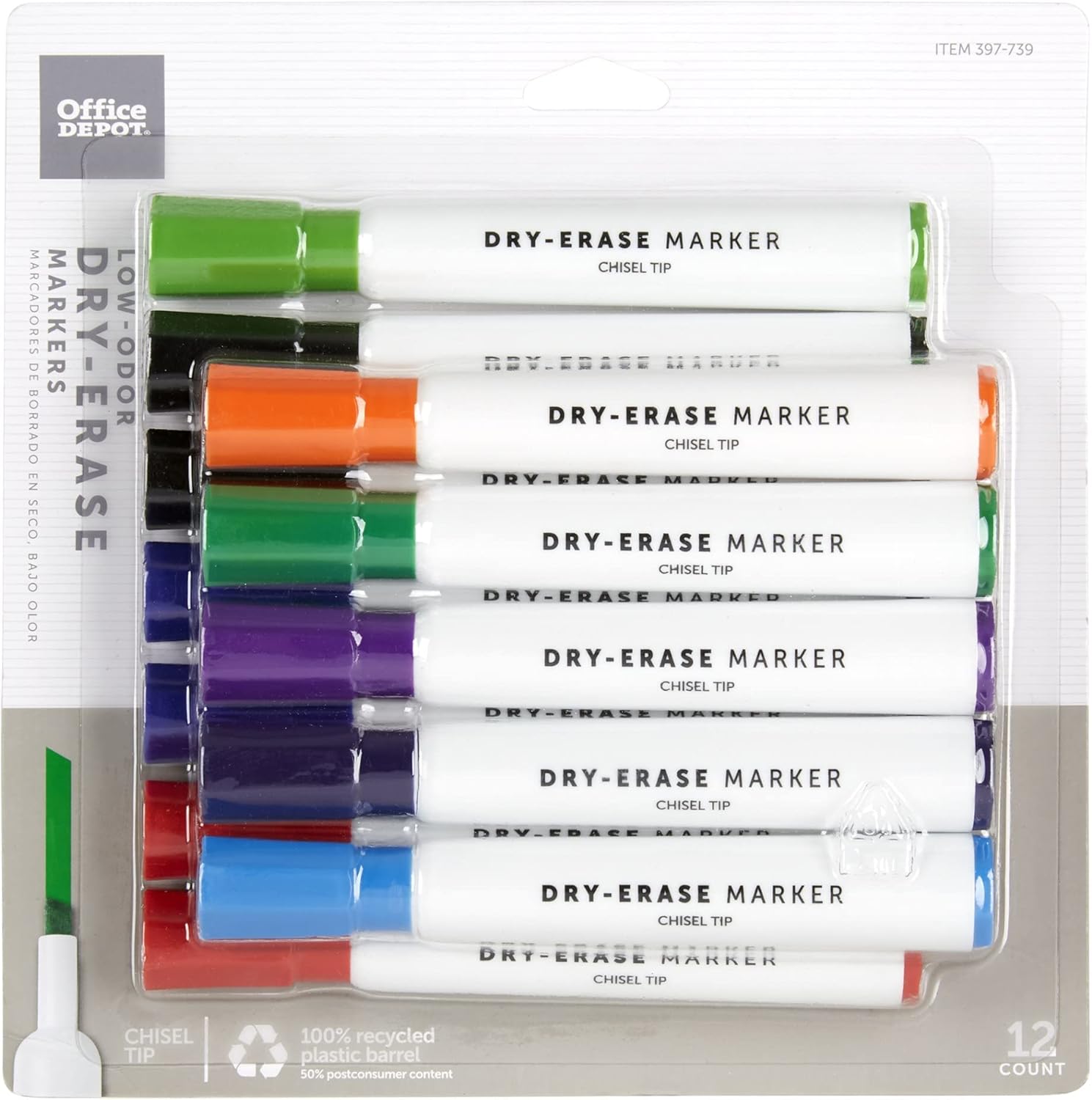 Office Depot Low-Odor Dry-Erase Markers, Chisel Point, 100% Recycled, Assorted Colors, Pack Of 12, BY106608-12MIX1