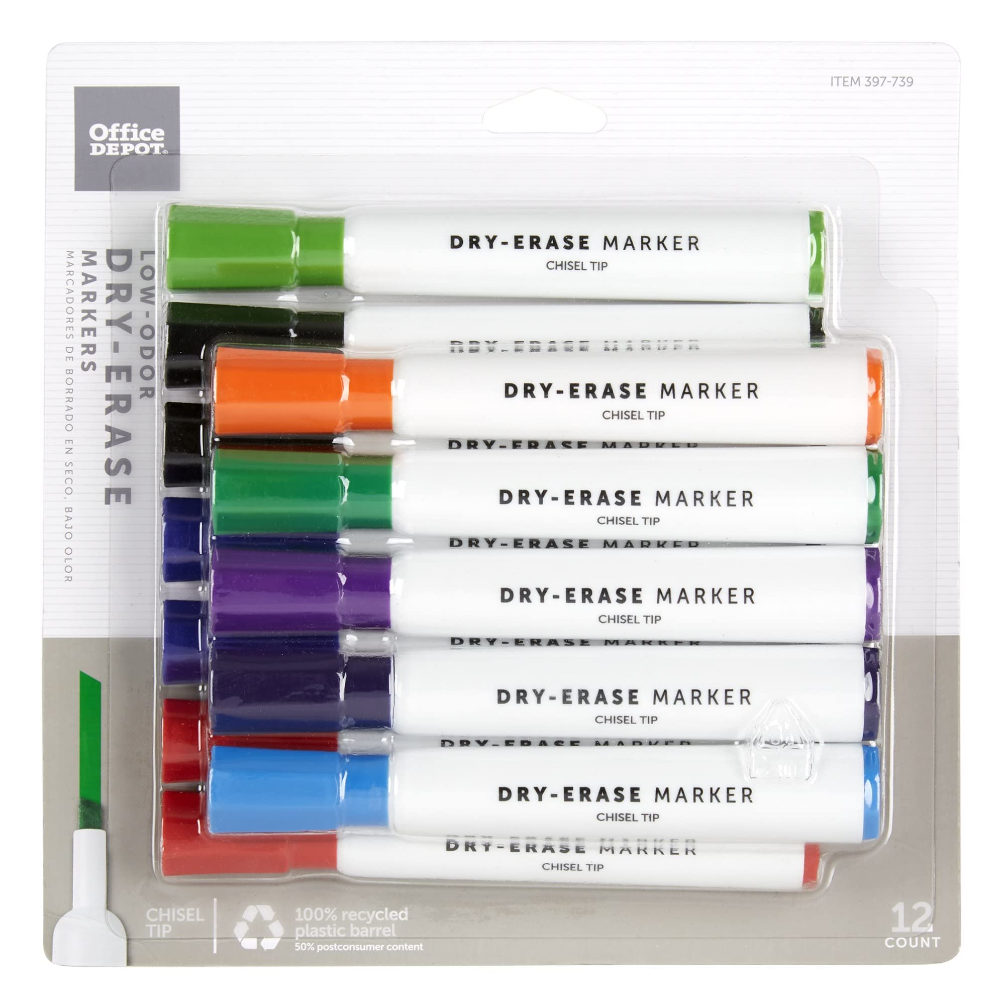 Office Depot Low-Odor Dry-Erase Markers, Chisel Point, 100% Recycled, Assorted Colors, Pack Of 12, BY106608-12MIX1