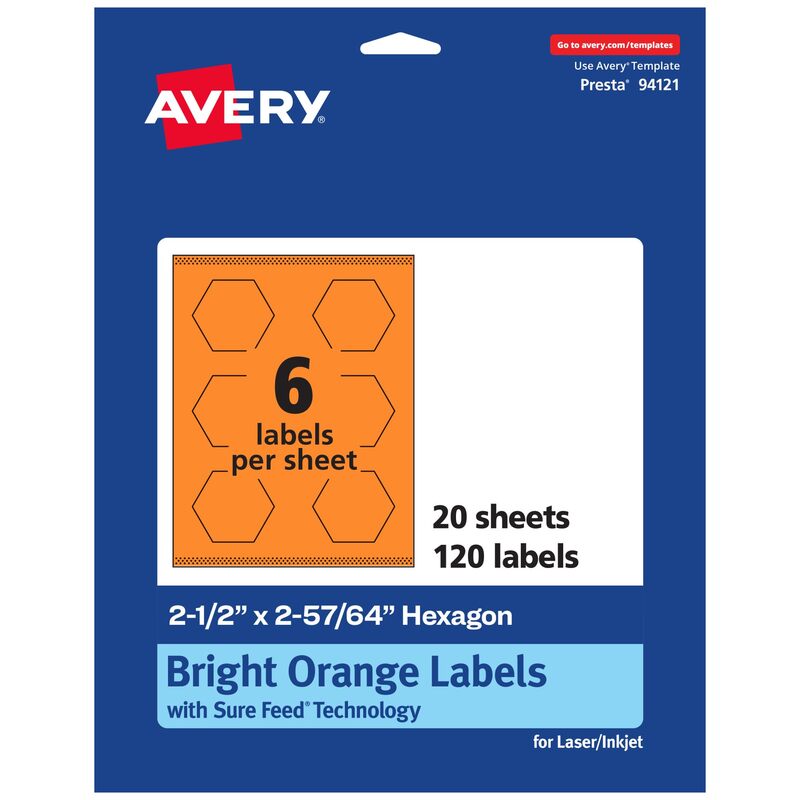 Avery Printable Hexagon Labels, Sure Feed Technology, 2-1/2" x 2-57/64", Bright Orange, Print-to-The-Edge