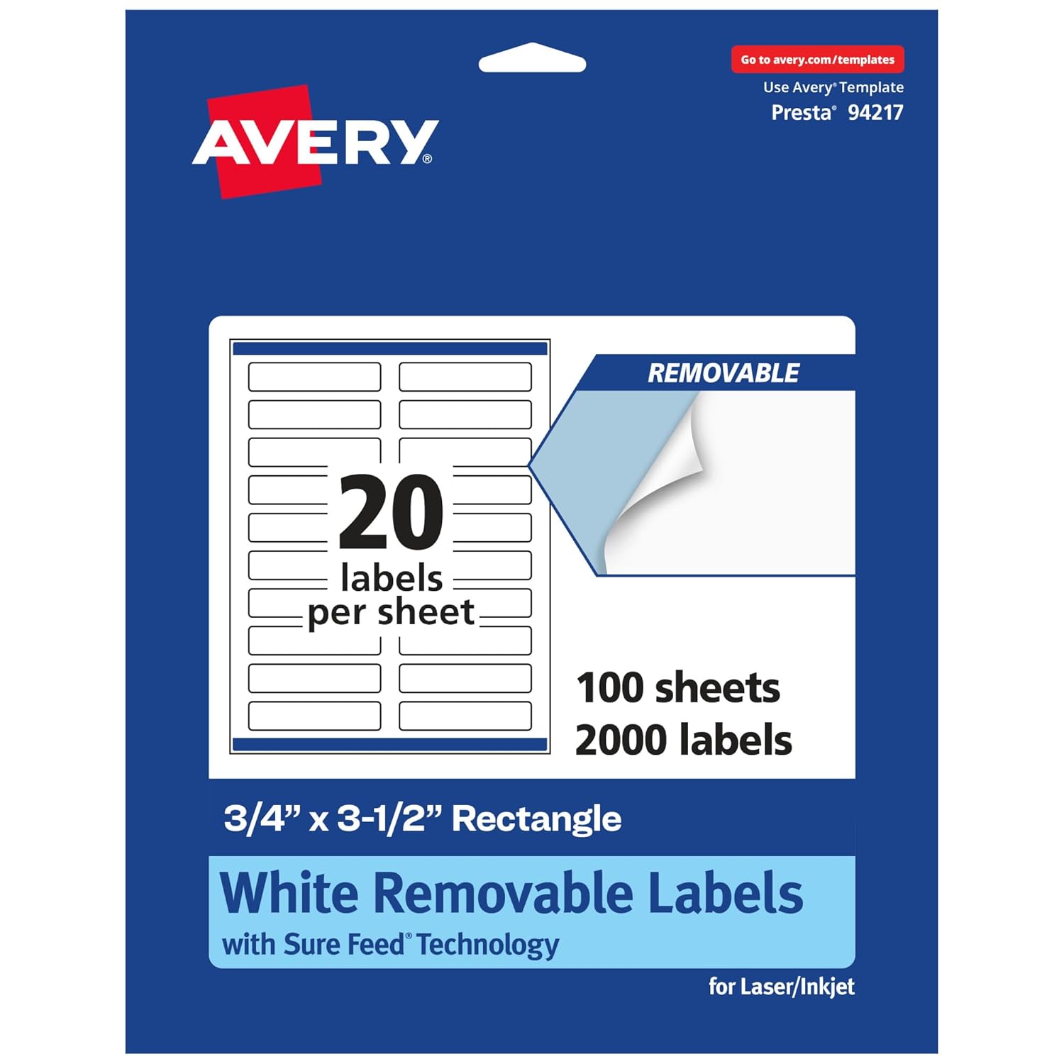 Avery Matte White Removable Rectangle Labels, 0.75" x 3.5", Sure Feed Technology, Print-to-The-Edge, Laser/Inkjet Printable