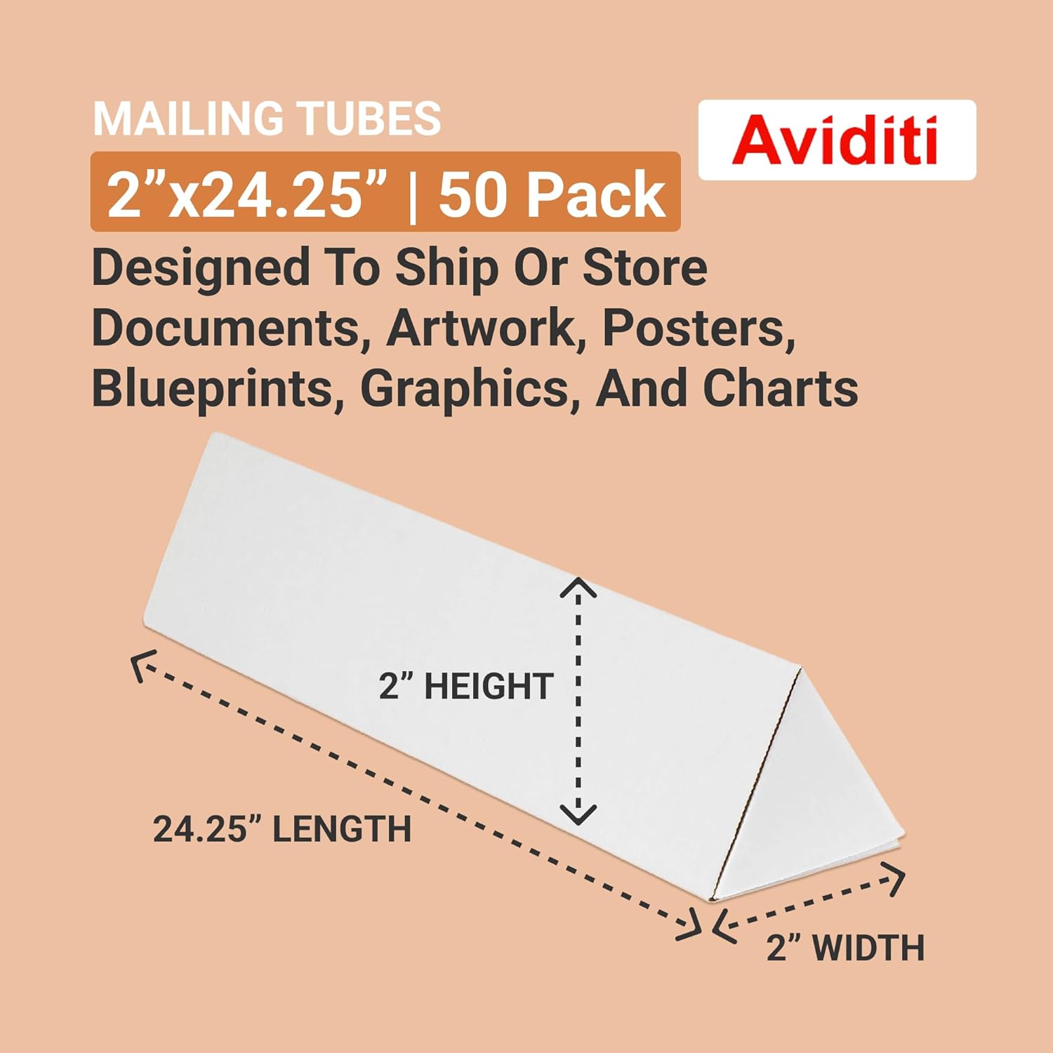 AVIDITI Long Triangular Cardboard Boxes, 24.25"L x 2"W x 2"H, Pack of 50 | Poster Tube for Mailing and Storage of Blueprints