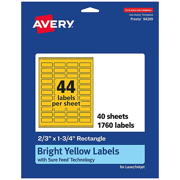 AVERY Bright Yellow Printable Rectangle Labels, Sure Feed Technology, 2/3" x 1-3/4"