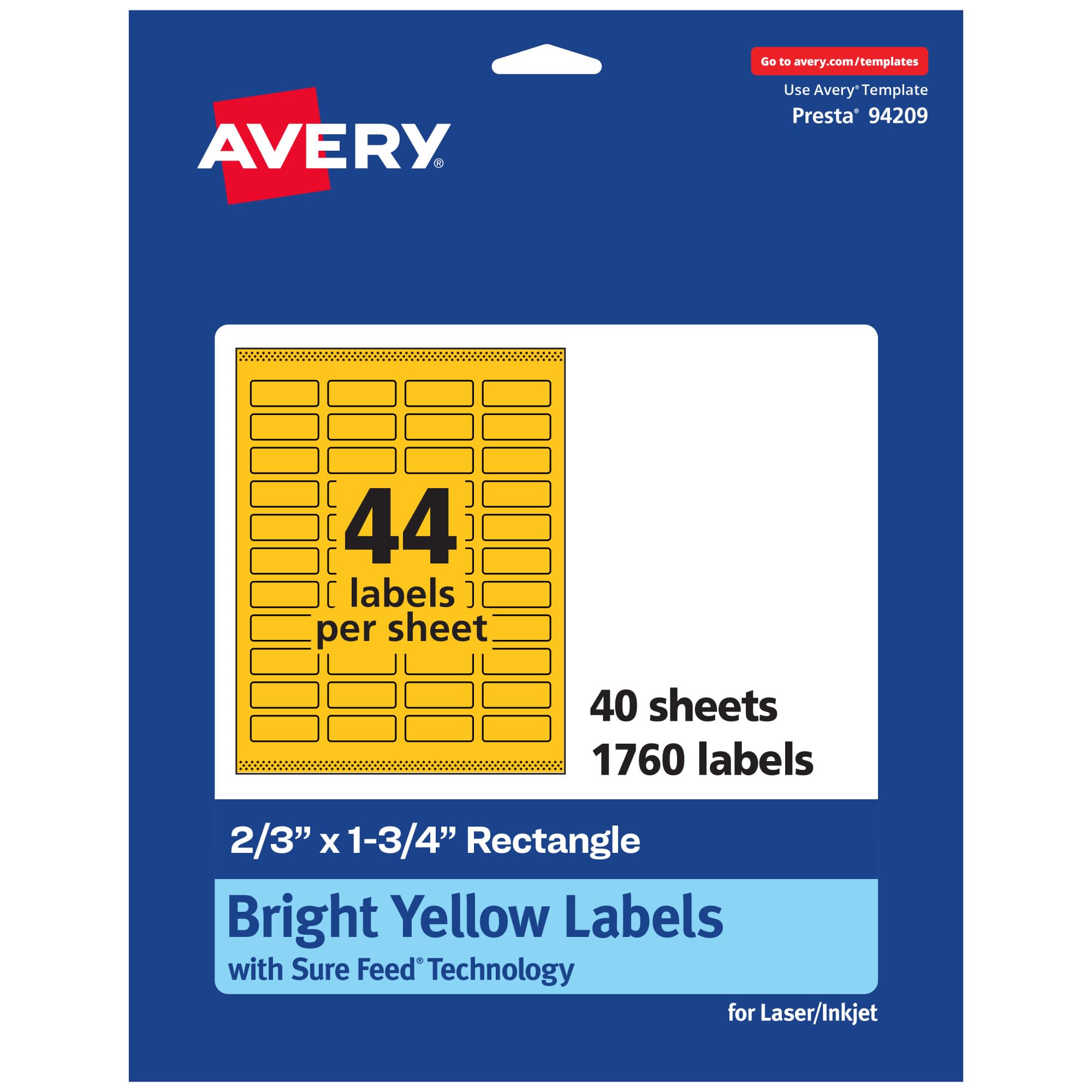 AVERY Bright Yellow Printable Rectangle Labels, Sure Feed Technology, 2/3" x 1-3/4"