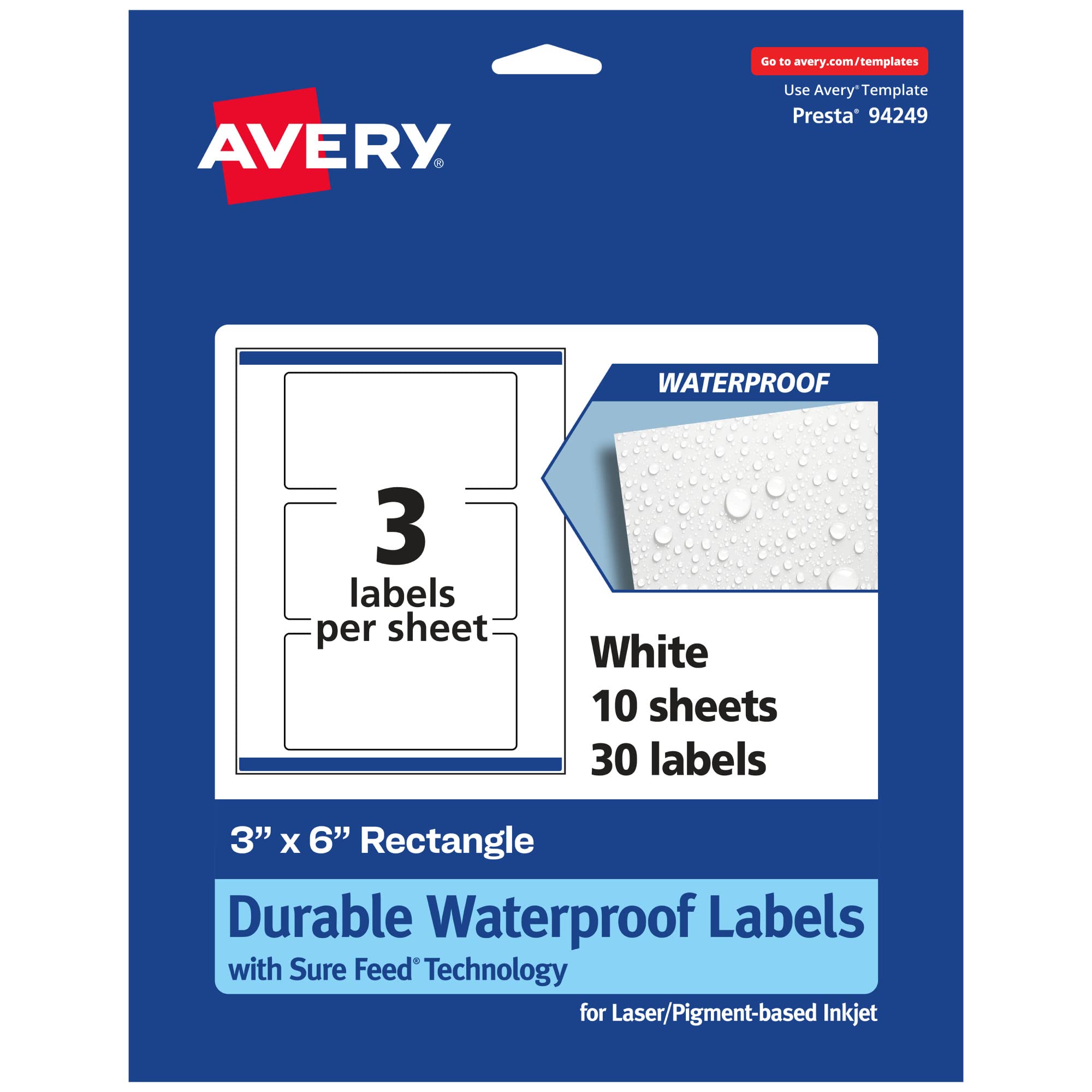 AVERY Durable Waterproof Rectangle Labels, Sure Feed Technology, 3" x 6", Laser/Pigment-Based Inkjet Printable