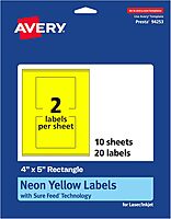Avery Printable Rectangle Labels, Sure Feed Technology, 4\" x 5\", Neon Yellow, Print-to-The-Edge, Laser/Inkjet Printable