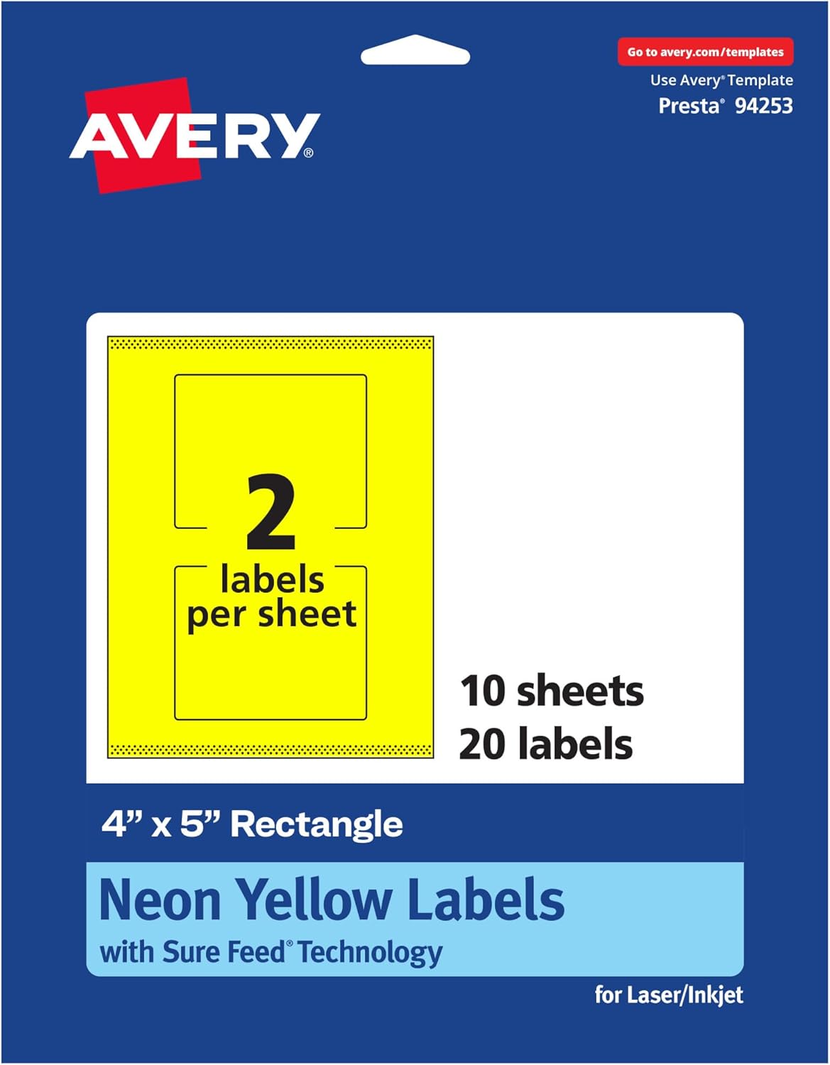 Avery Printable Rectangle Labels, Sure Feed Technology, 4\" x 5\", Neon Yellow, Print-to-The-Edge, Laser/Inkjet Printable