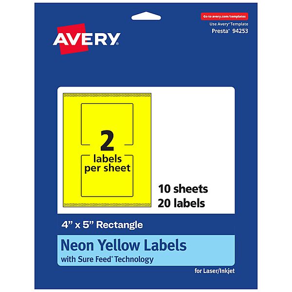 Avery Printable Rectangle Labels, Sure Feed Technology, 4\" x 5\", Neon Yellow, Print-to-The-Edge, Laser/Inkjet Printable