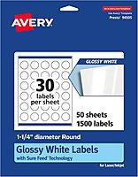 Avery Glossy White Round Labels, Sure Feed Technology, 1.25" Diameter, Print-to-The-Edge, Permanent Adhesive, Laser/Inkjet Printable