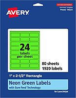 Avery Printable Rectangle Labels, Sure Feed Technology, 1\" x 2-1/2\", Neon Green, Laser/Inkjet Printable