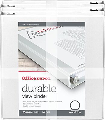 Office Depot® Brand Durable View 3-Ring Binder, 1 1/2" Round Rings, White, Pack Of 4