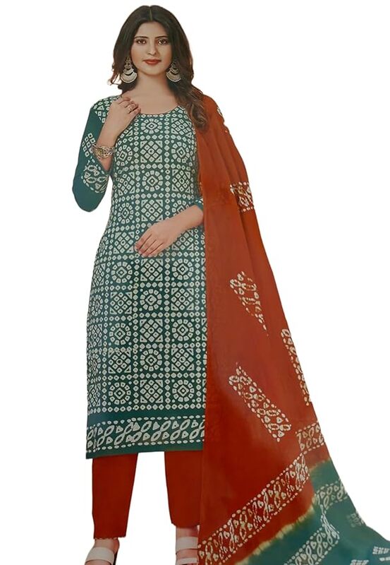 Unstitched-Women's Cotton Kurta with Printed Pattern Traditional elegance in vibrant Indian attire