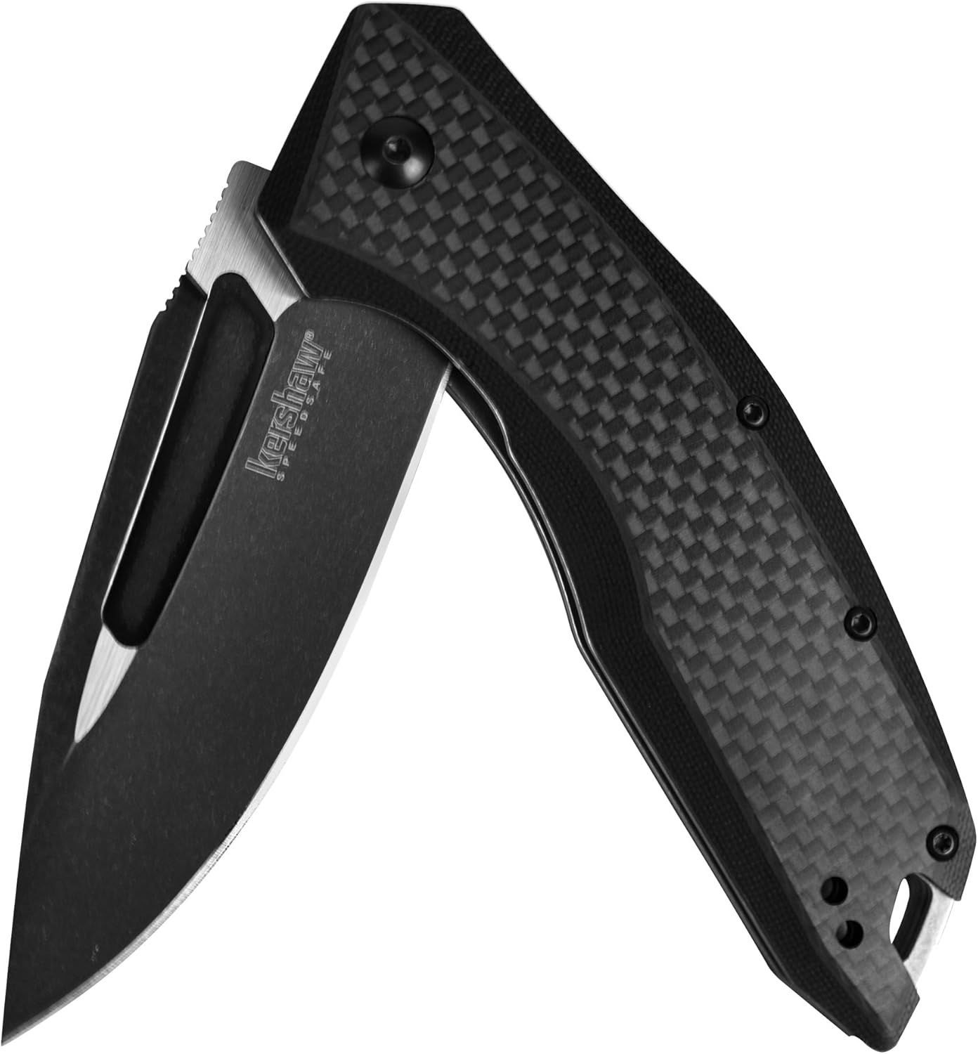 Kershaw Flourish Pocket Knife (3935); 3.5-Inch Blackwash Clip Point Blade with Black Carbon Fiber Handle
