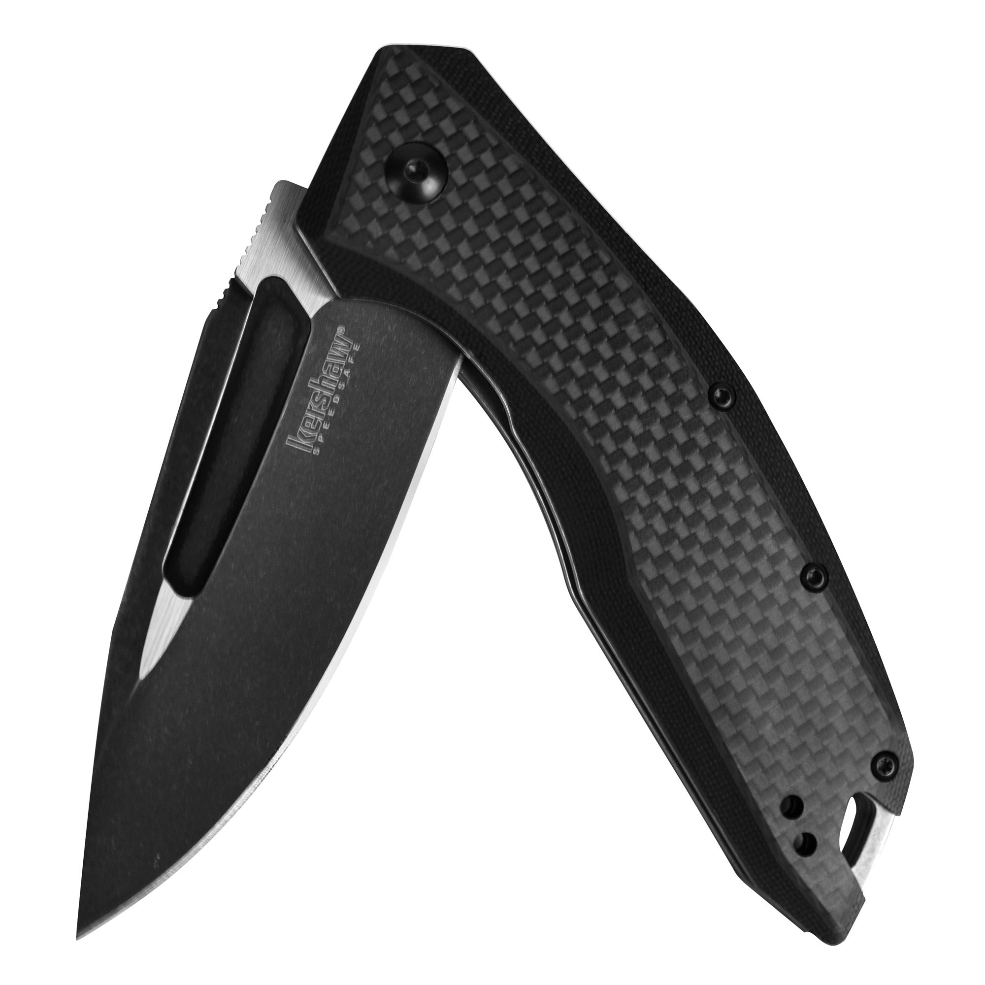 Kershaw Flourish Pocket Knife (3935); 3.5-Inch Blackwash Clip Point Blade with Black Carbon Fiber Handle