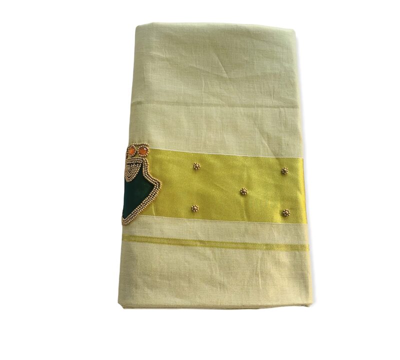 ALLUVY Kuthampully Kerala Kasavu Sarees For Women | Handcrafted Palakka Aari work Kerala Sarees | Tissue Onam Saree With Running Blouse | South Indian Sarees | EKM-668 (Dark Green)