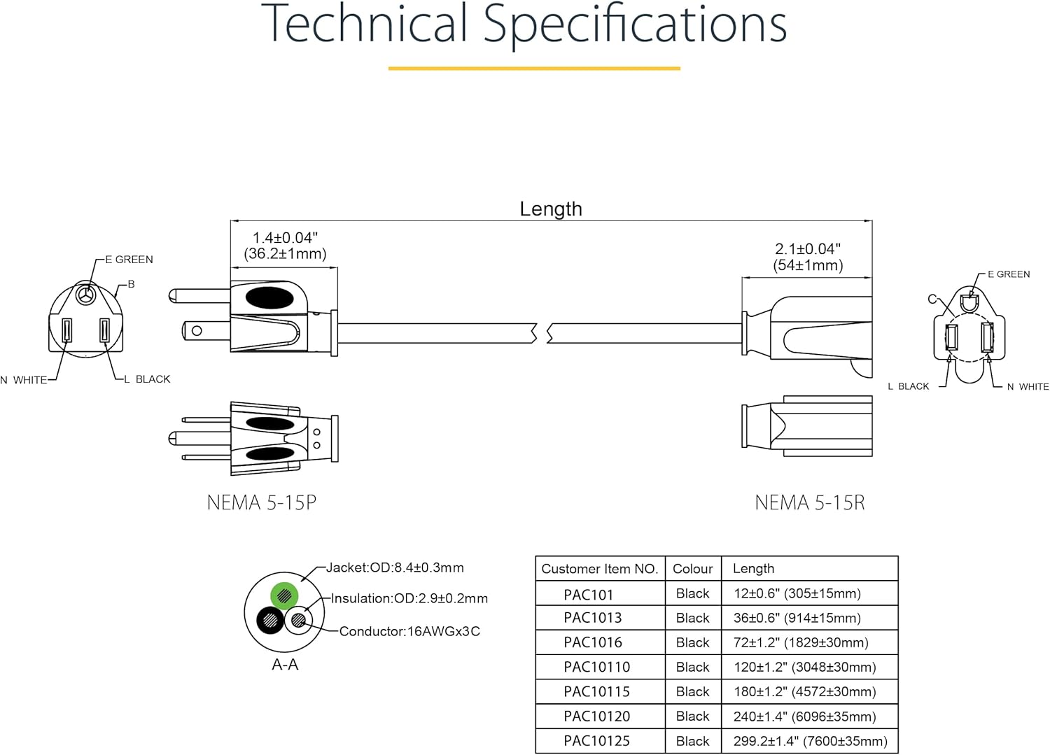 StarTech.com Power Extension Cord NEMA 5-15R to NEMA 5-15P
