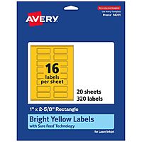 Avery Printable Rectangle Labels, Sure Feed Technology, 1 in. x 2-5/8 in., Bright Yellow, Print-to-The-Edge, Laser/Inkjet Printable