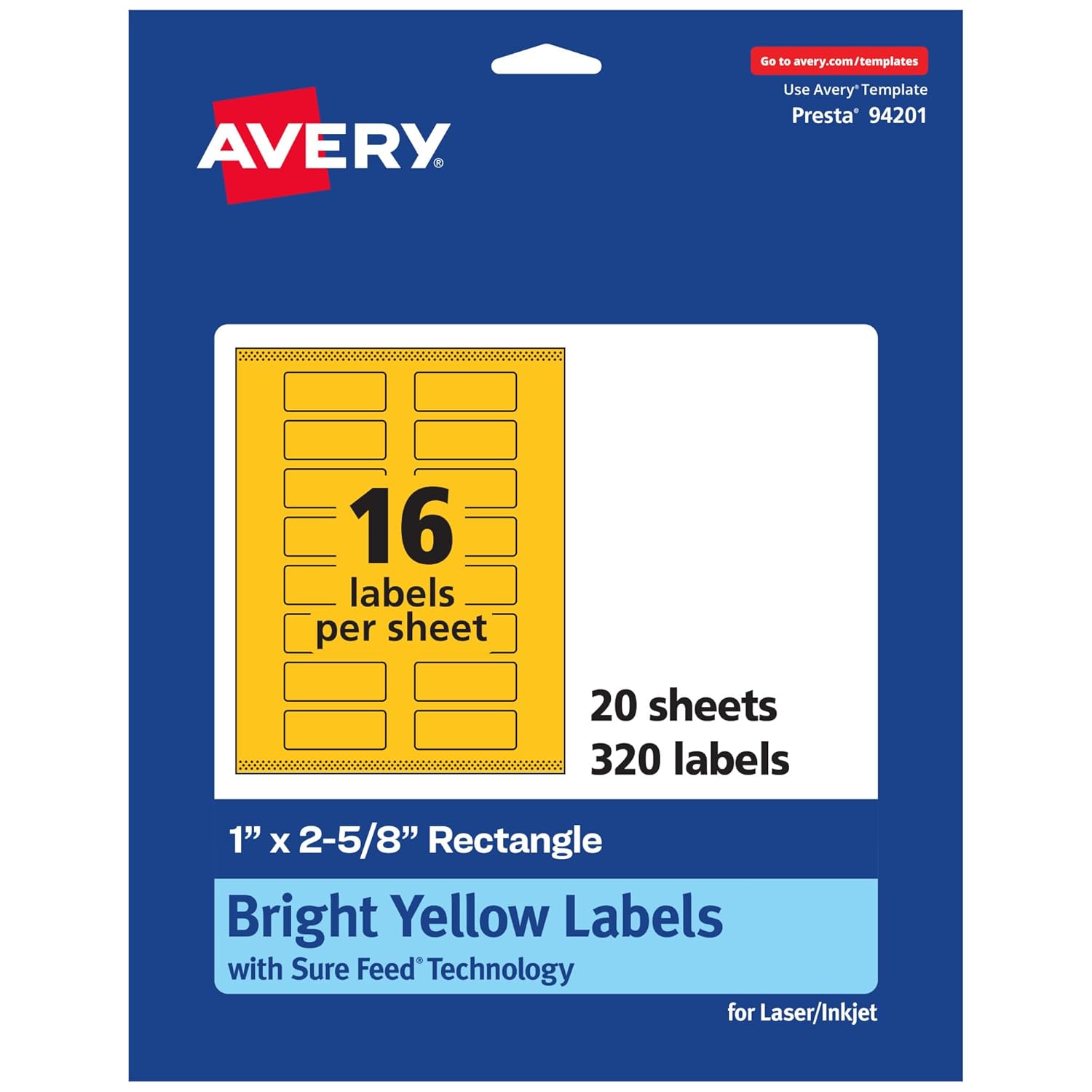 Avery Printable Rectangle Labels, Sure Feed Technology, 1 in. x 2-5/8 in., Bright Yellow, Print-to-The-Edge