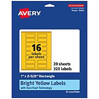 Avery Printable Rectangle Labels, Sure Feed Technology, 1 in. x 2-5/8 in., Bright Yellow, Print-to-The-Edge, Laser/Inkjet Printable