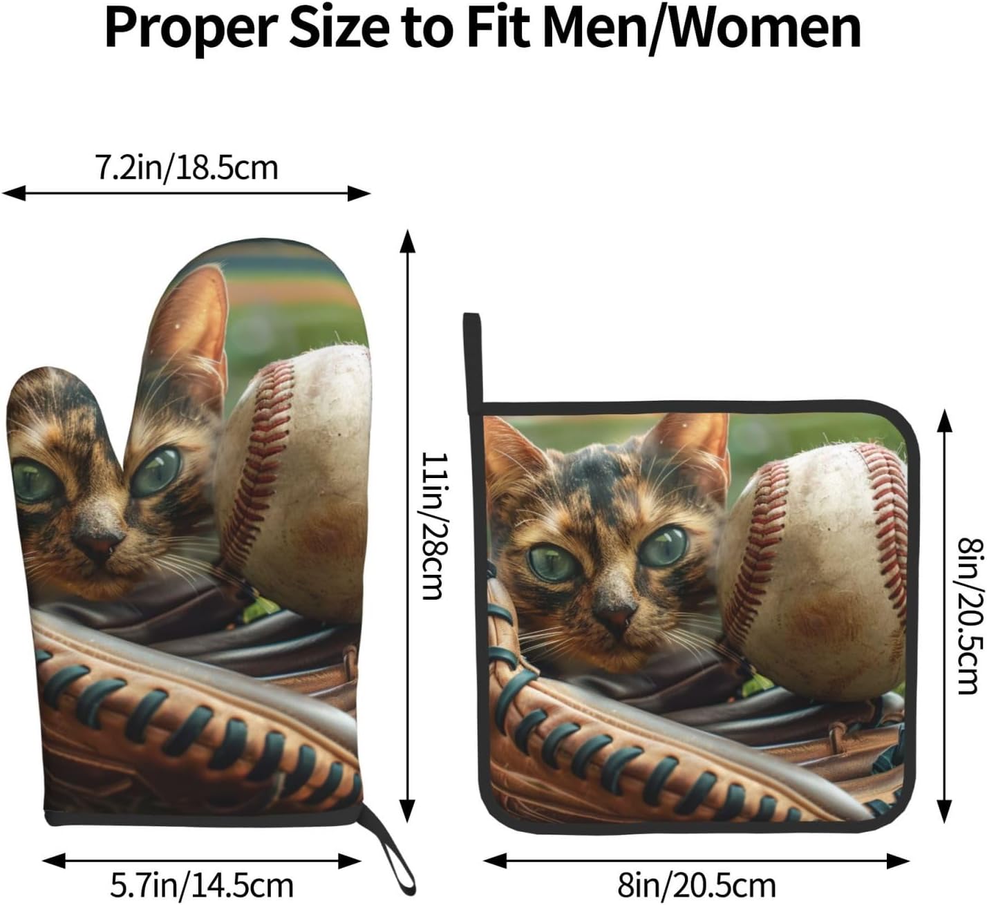 Baseball Printed Oven Mitts and Pot Holders Set of 2 - Heat Resistant, Waterproof Fabric - Ideal for Kitchen, Baking