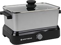 West Bend Versatility Slow Cooker Large Capacity Non-stick Cooking Vessel & Variable Temperature Heating Base Includes Travel Lid and Storage Bag, Range and Oven-Safe Cooking Pot, 5-Quart, Silver