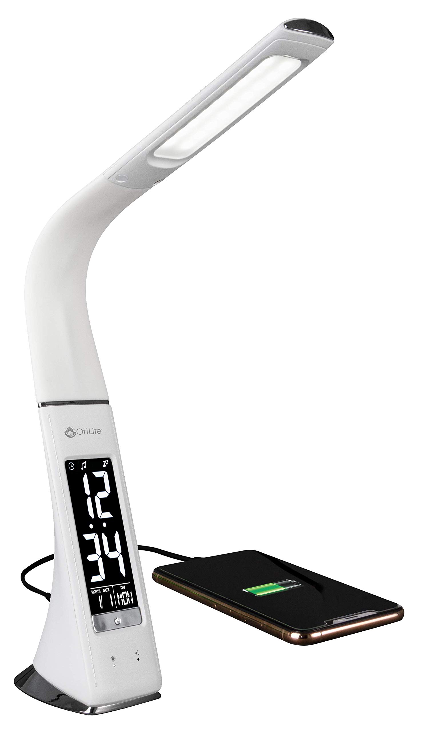 OttLite Thrive LED Sanitizing Desk Lamp with Clock and USB Charging - Eliminates up to 99.9% of Bacteria, Touch Activated
