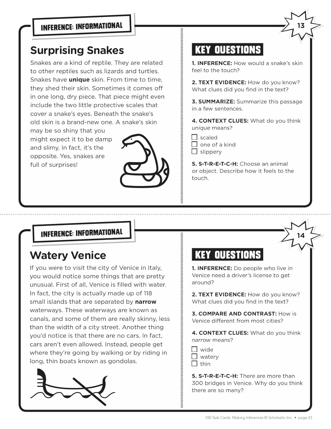 100 Task Cards: Making Inferences: Reproducible Mini-Passages With Key Questions to Boost Reading Comprehension Skills