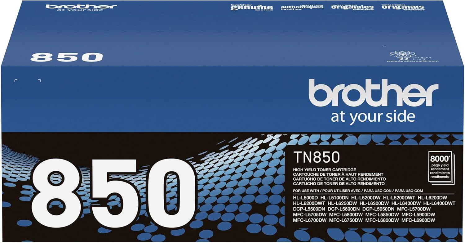 Brother Genuine High Yield Toner Cartridge, TN850, Replacement Black Toner, Page Yield Up to 8,000 Pages