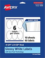 Avery Glossy White Oval Labels, Sure Feed Technology, 4.25" x 2.5", Permanent Adhesive, Laser/Inkjet Printable