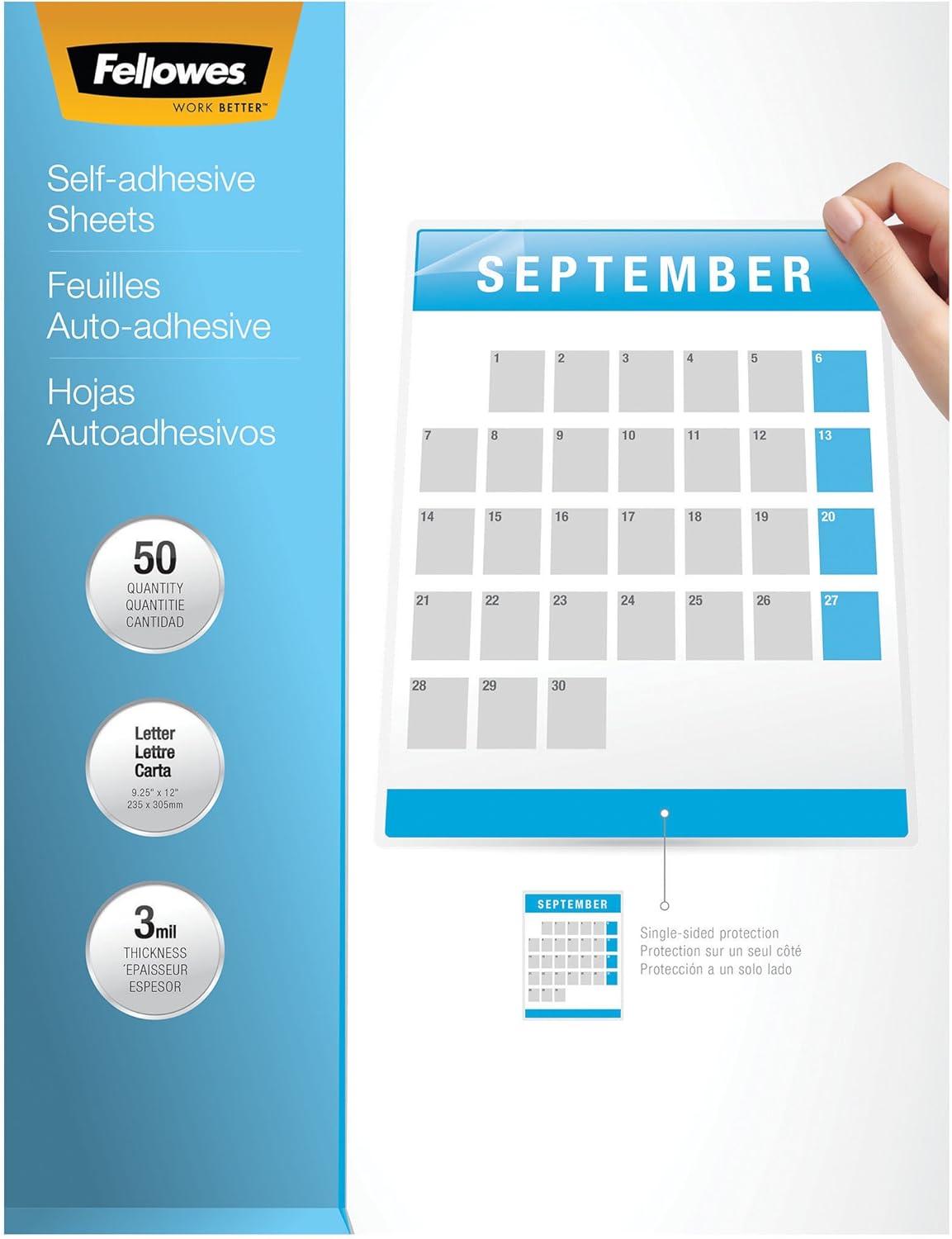 FELLOWES Self-Adhesive Laminating Sheets, 9 x 12, 3 mil, Gloss