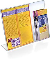 Azar Displays 252056-2pack L-Shaped Slated Acrylic Sign Holder with Attached Brochure Holder 14" Width by 11" Height (Pack