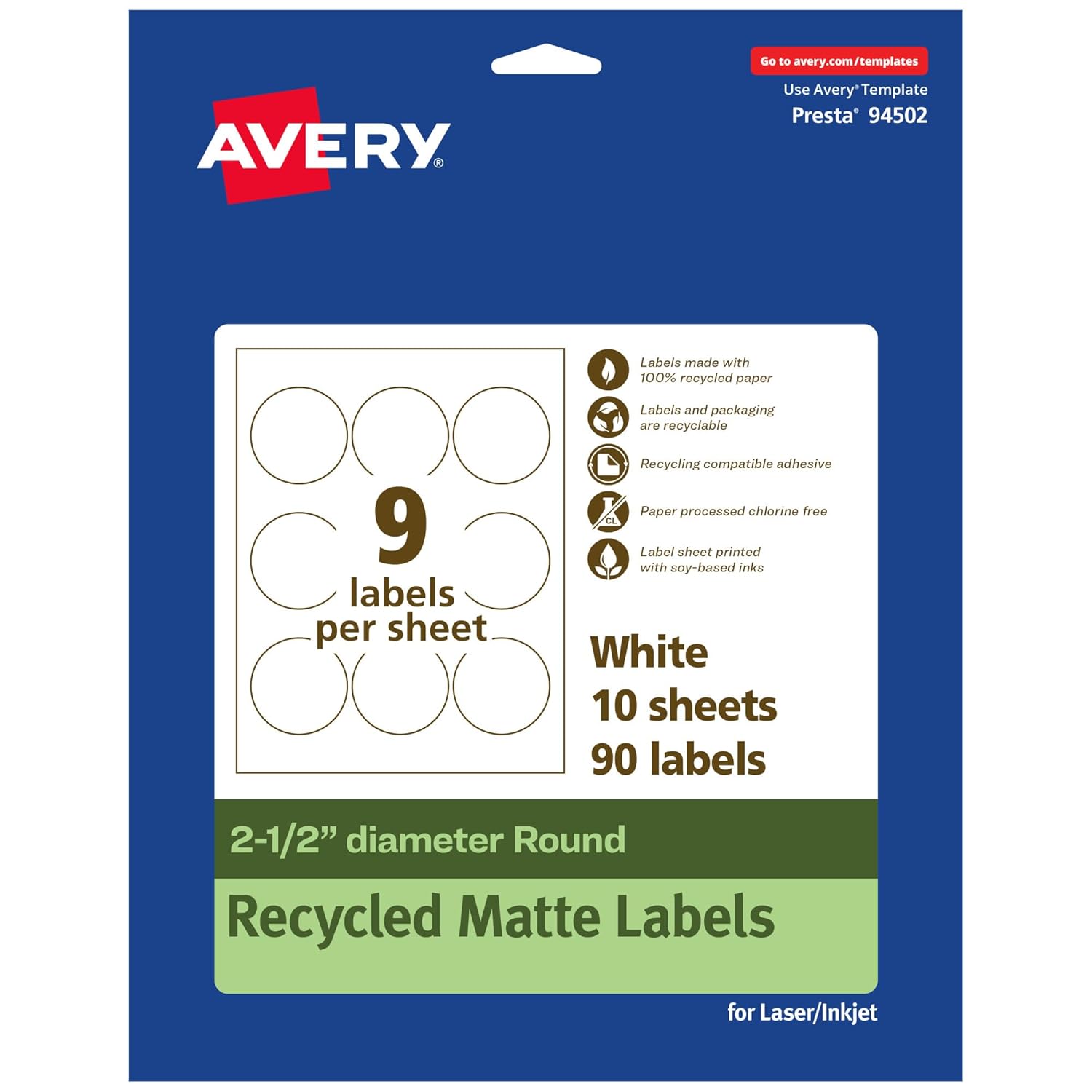 Avery EcoFriendly Matte White Recycled Round Labels, 2.5" Diameter, Print-to-The-Edge, Permanent Adhesive