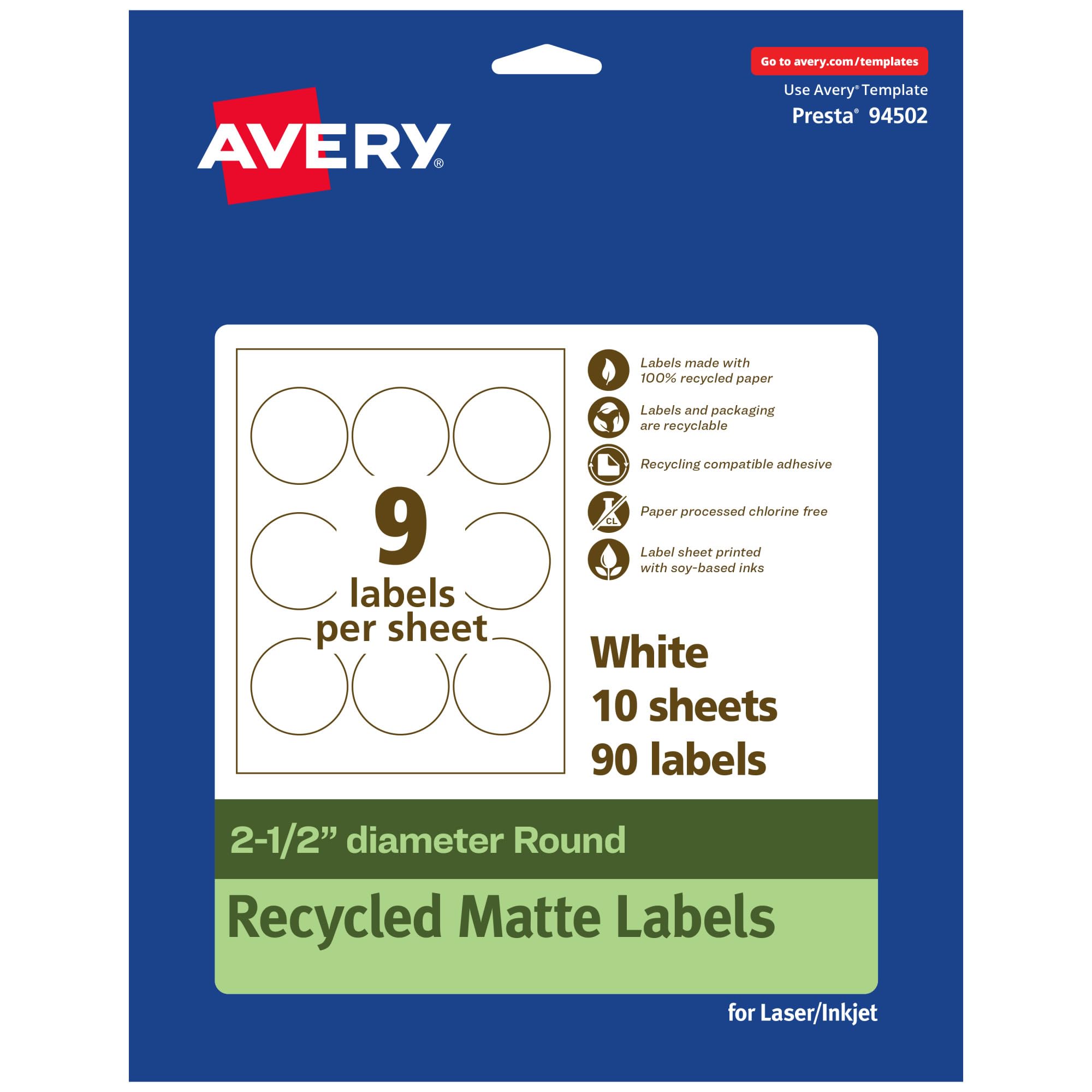 Avery EcoFriendly Matte White Recycled Round Labels, 2.5" Diameter, Print-to-The-Edge, Permanent Adhesive
