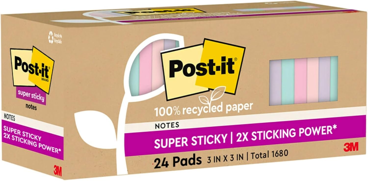 Post-it 100% Recycled Paper Super Sticky Notes, 3 in. x 3 in., 24 Pads/Pack, 70 Sheets/Pad